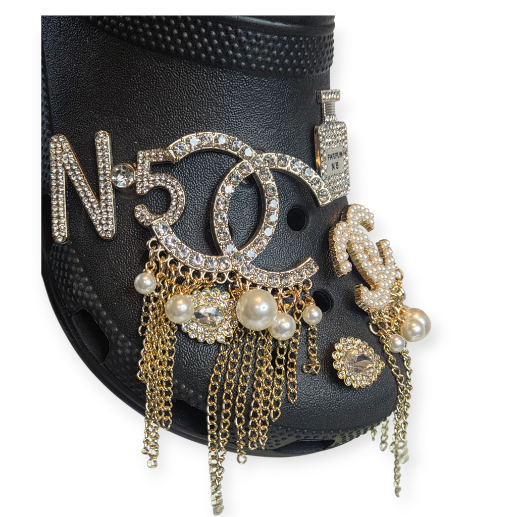 6pc LUXURY INSPIRED SHOE CHARMS  ** INCLUDES FREE 4PC SET BLING CHARMS GIFT**