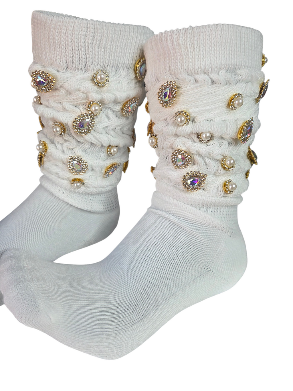 Rhinestone Slouch Socks ✨ Bling Pearl & Crystal Cozy Crew Socks